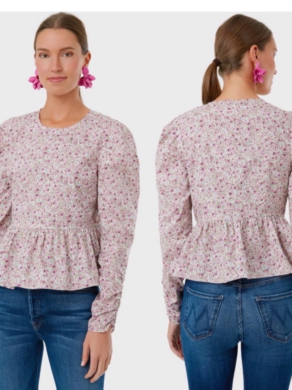Hyacinth House Floral Peplum Top XL Pink Purple Puff Sleeve Cotton JJ1907T